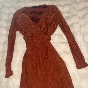 bebe Shimmering Copper Long Sleeve V Neck Wrap Dress